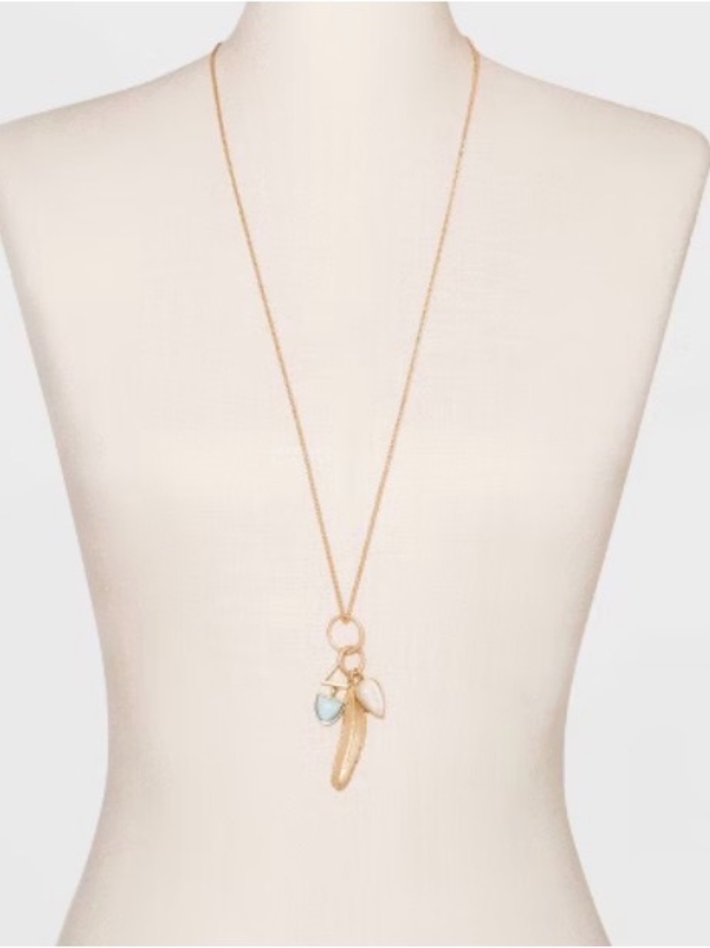 Universal Thread 17” Feather & Stone Cluster Pendant Necklace Gold Tone